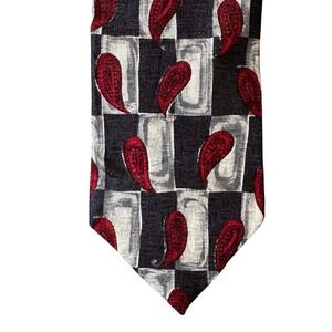 Prima Italy Mens Silk Tie Black Grey Red Paisley Checkerboard Hand Sewn USA 4in